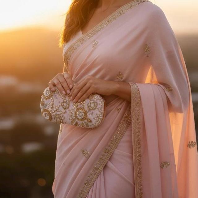 Handmade Pastel Pink Zardozi Clutch: Beaded Evening Bag