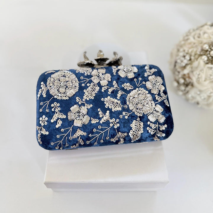 Zardozi Embroidered Royal Blue Clutch: Handmade Indian Wedding Bag With Silver Embroidery