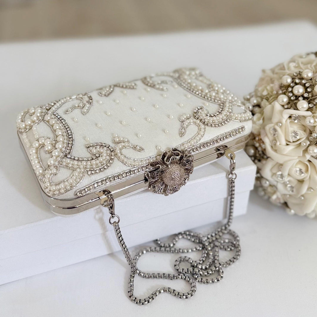 Ivory Beaded Bridal Clutch: Raw Silk Wedding Evening Bag With Silver Embroidery