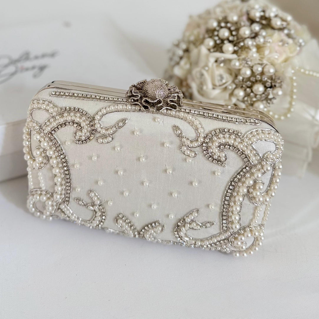 Ivory Beaded Bridal Clutch: Raw Silk Wedding Evening Bag With Silver Embroidery