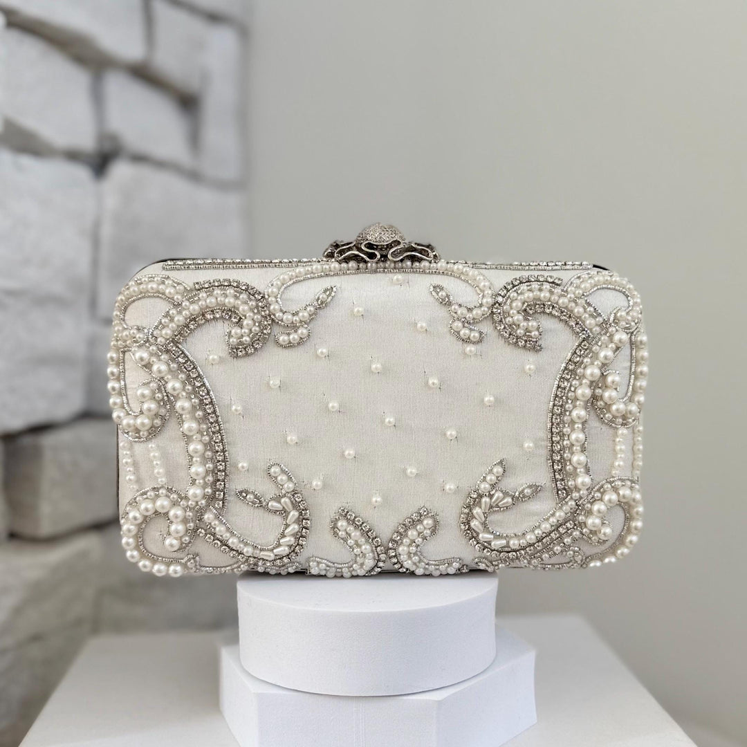 Ivory Beaded Bridal Clutch: Raw Silk Wedding Evening Bag With Silver Embroidery