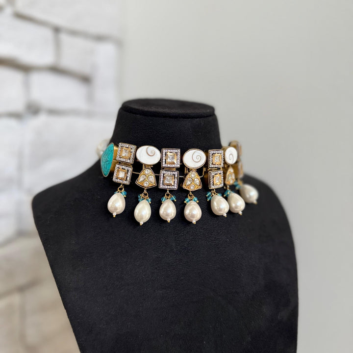 Victorian Style Hand Curved Kundan And Turquoise Gemstone Necklace Set