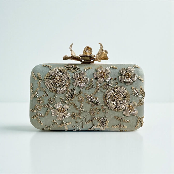 Sage Green Clutch: Handmade Zardozi Embroidered Box Clutch
