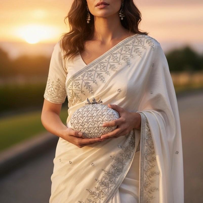 Ivory Raw Silk Bridal Clutch: Zardosi Embroidery, Pearl Flower Knob