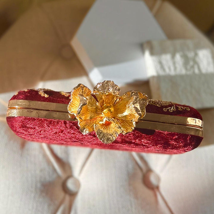 Maroon Velvet Clutch: Handmade Zardozi Embroidered Bridal Clutch