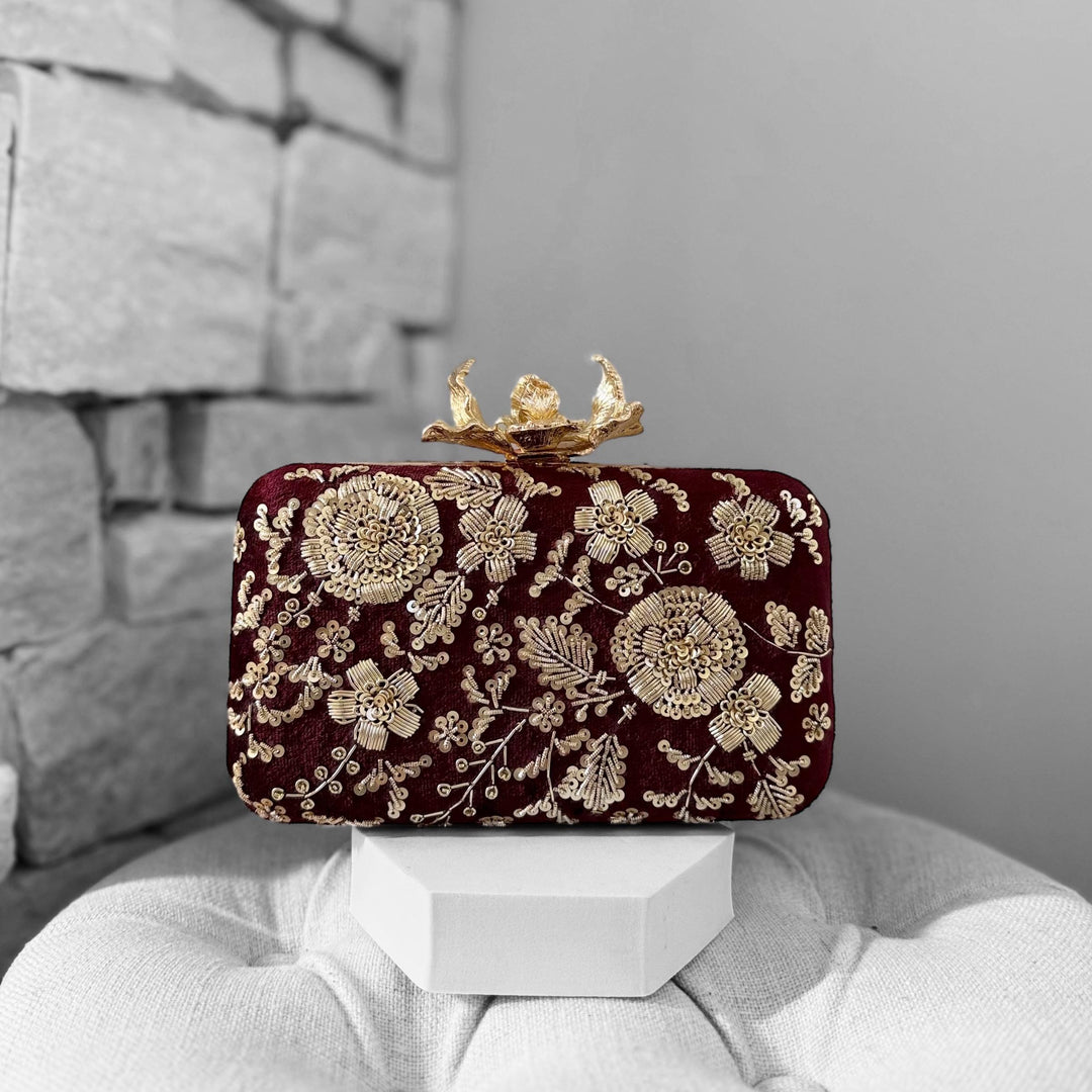 Maroon Velvet Clutch: Handmade Zardozi Embroidered Bridal Clutch