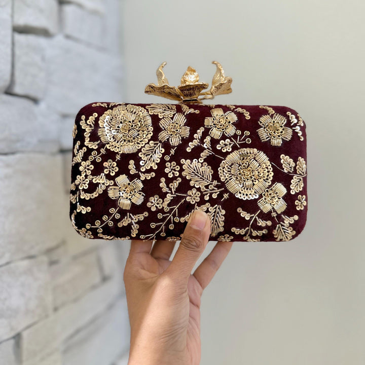 Maroon Velvet Clutch: Handmade Zardozi Embroidered Bridal Clutch