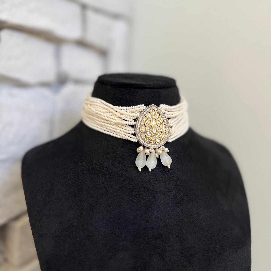 Victorian Kundan Choker Set: Gray, Silver & Gold Indian Necklace