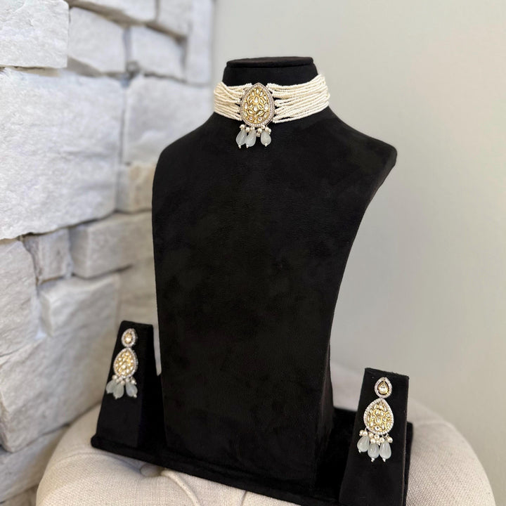 Victorian Kundan Choker Set: Gray, Silver & Gold Indian Necklace