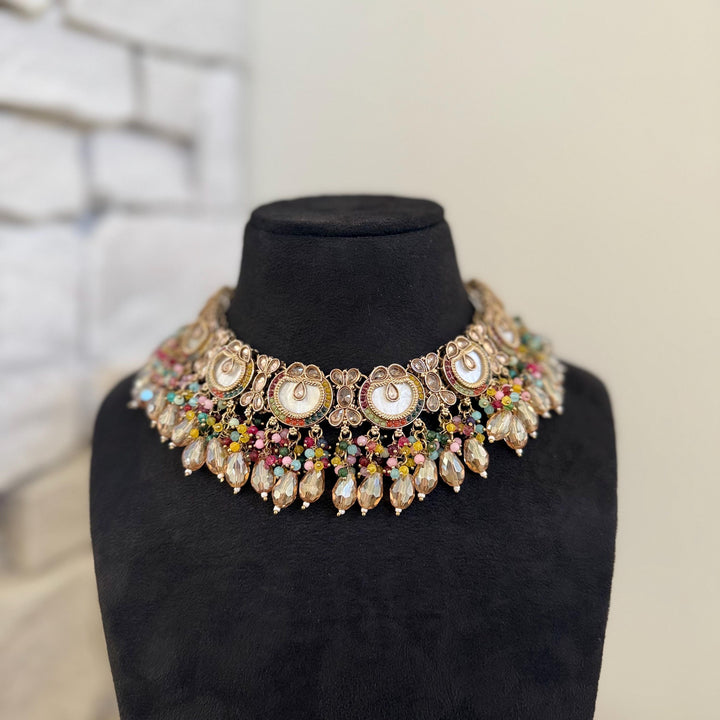 Multicolor Mother of Pearl Indian Bridal Jewelry Set: Necklace, Earrings and Maang Tikka