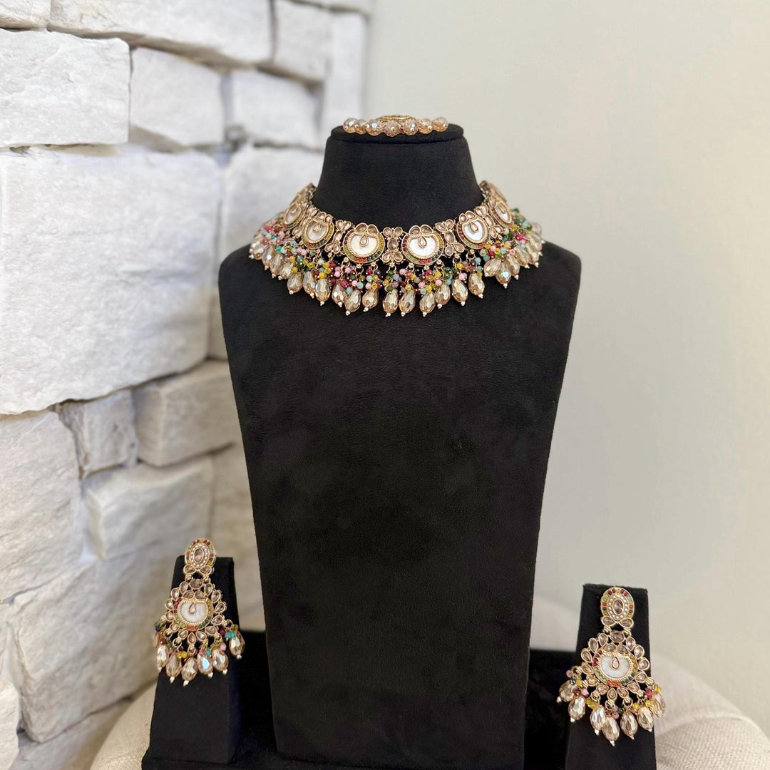 Multicolor Mother of Pearl Indian Bridal Jewelry Set: Necklace, Earrings and Maang Tikka