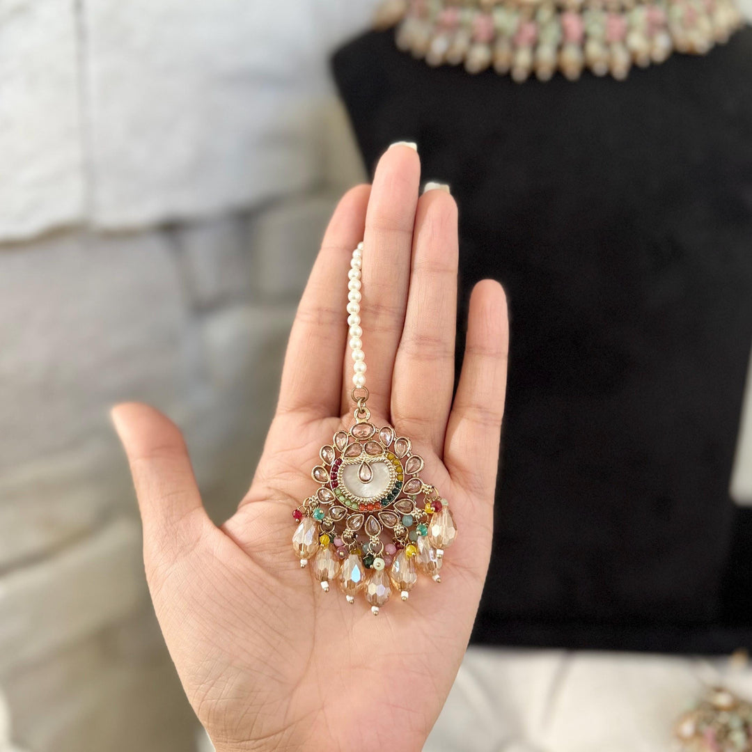 Multicolor Mother of Pearl Indian Bridal Jewelry Set: Necklace, Earrings and Maang Tikka