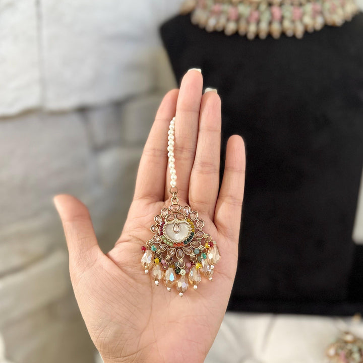 Multicolor Mother of Pearl Indian Bridal Jewelry Set: Necklace, Earrings and Maang Tikka