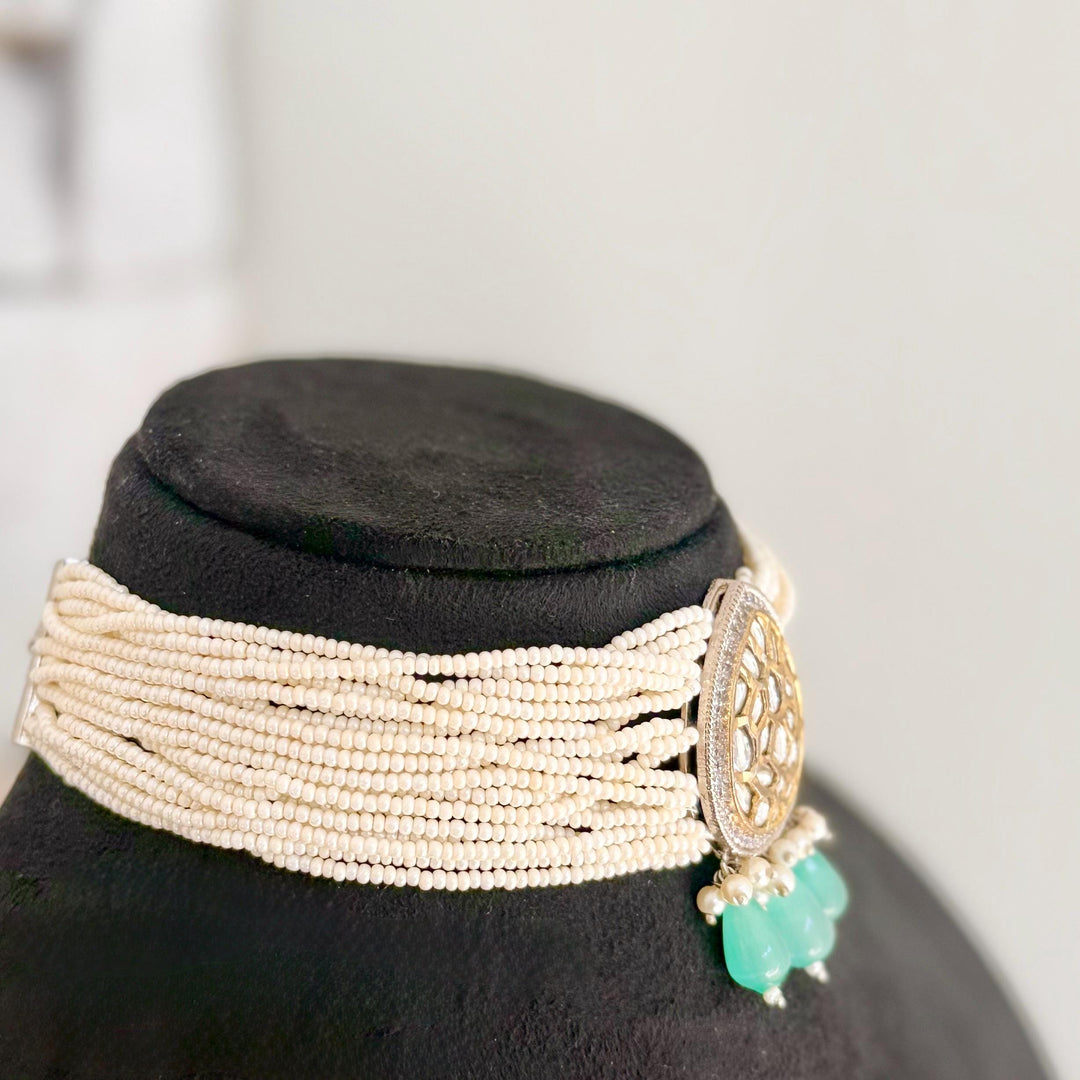 Victorian Kundan Choker Set: Blue, Silver & Gold Indian Jewelry