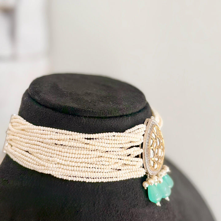 Victorian Kundan Choker Set: Blue, Silver & Gold Indian Jewelry