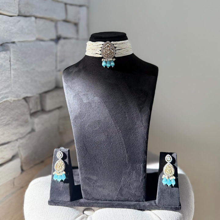 Victorian Kundan Choker Set: Aqua, Silver & Gold Indian Jewelry