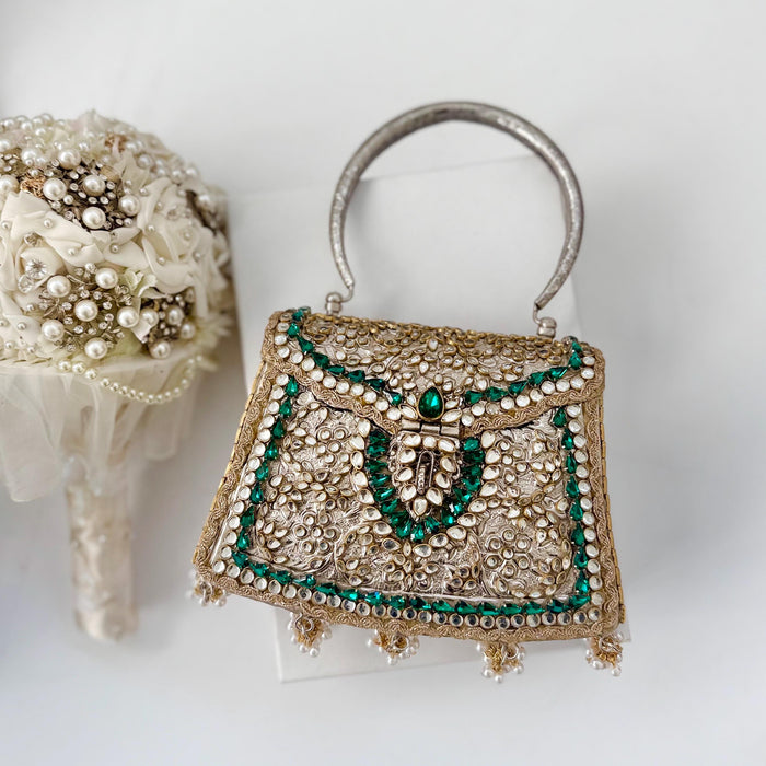 Emerald Green Kundan Brass Clutch: Vintage Style Kundan Handbag