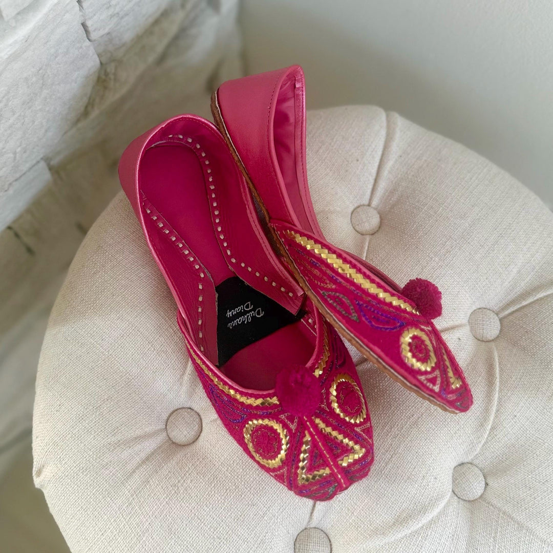 Handmade Fuchsia Khussa Jutti: Embroidered Indian Flat Shoes