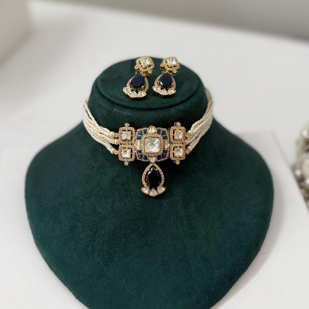 Victorian Kundan Choker Set: Navy Blue Indian Jewelry