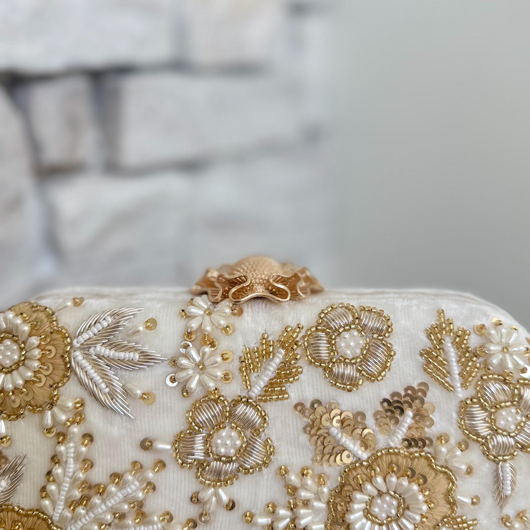 Handmade Ivory Beaded and Zardozi Embroidered Clutch: Ivory Bridal Bag