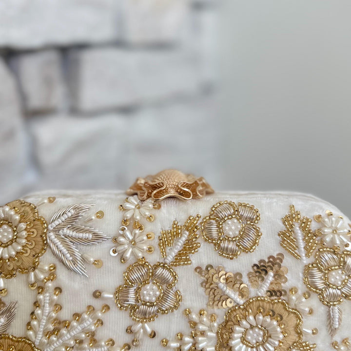 Handmade Ivory Beaded and Zardozi Embroidered Clutch: Ivory Bridal Bag