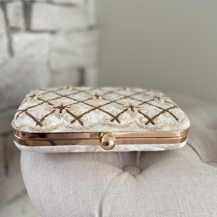 Ivory Beaded Bridal Clutch: Wedding Evening Bag With Gold Embroidery