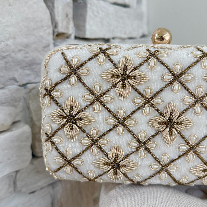 Ivory Beaded Bridal Clutch: Wedding Evening Bag With Gold Embroidery