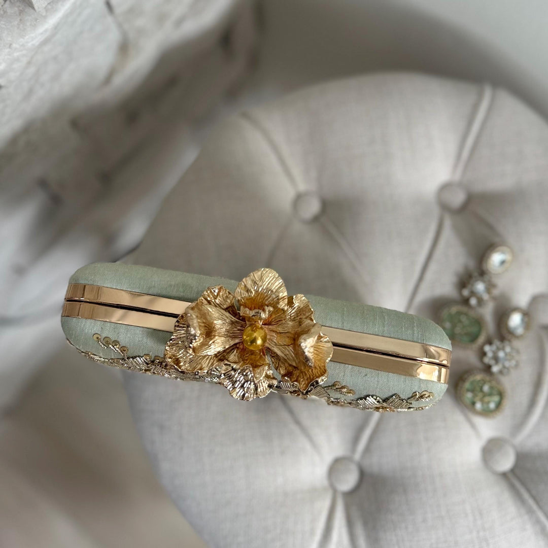 Sage Green Clutch: Handmade Zardozi Embroidered Box Clutch