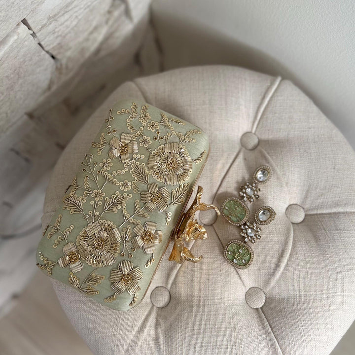 Sage Green Clutch: Handmade Zardozi Embroidered Box Clutch