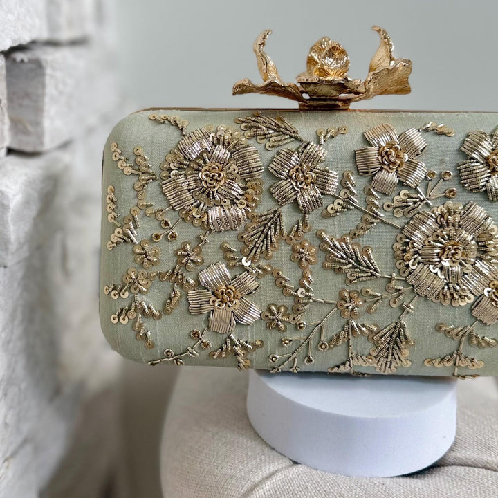 Sage Green Clutch: Handmade Zardozi Embroidered Box Clutch