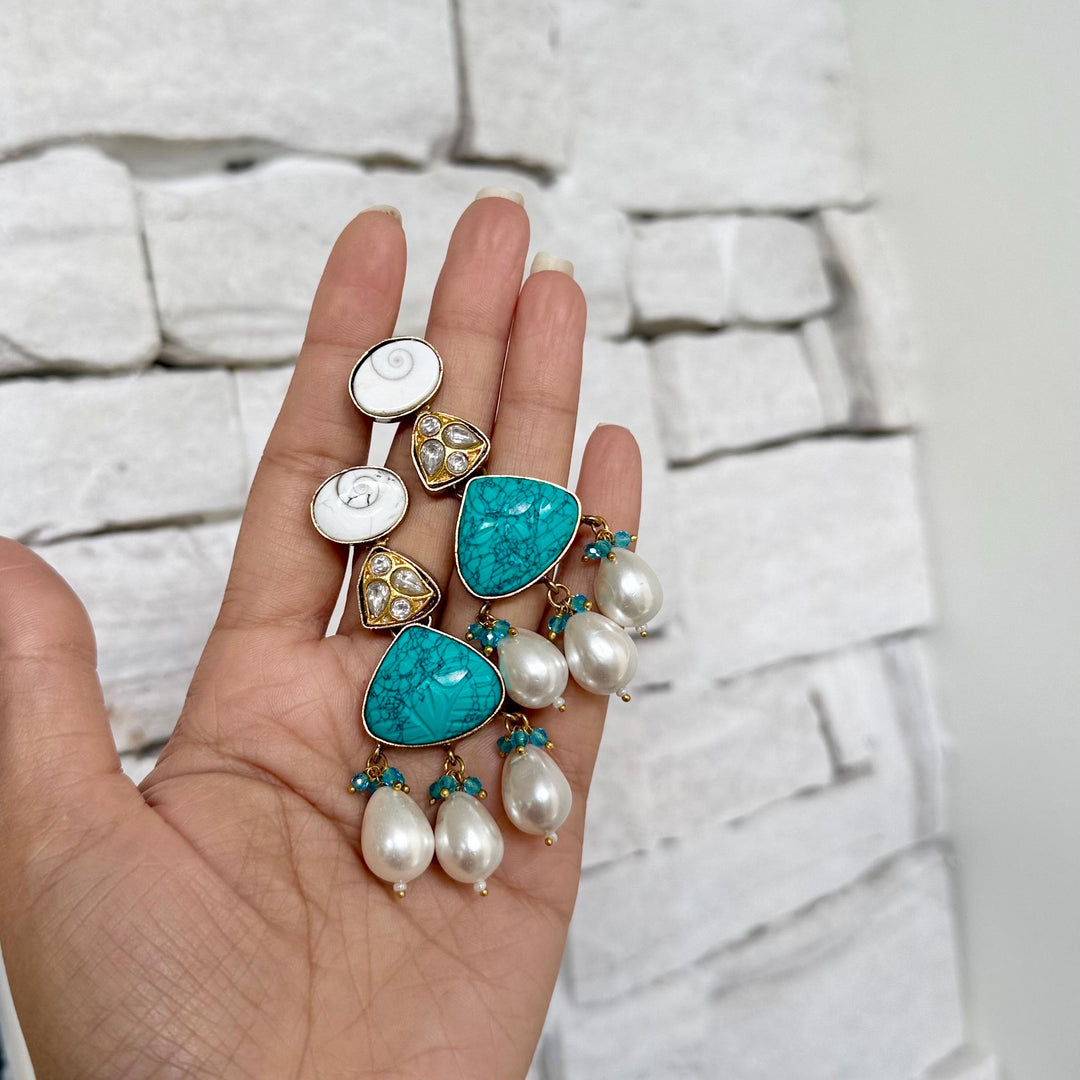 Victorian Style Hand Curved Kundan And Turquoise Gemstone Necklace Set