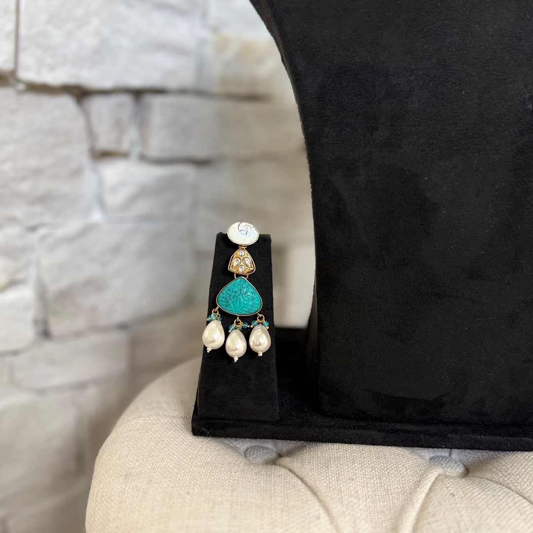 Victorian Style Hand Curved Kundan And Turquoise Gemstone Necklace Set