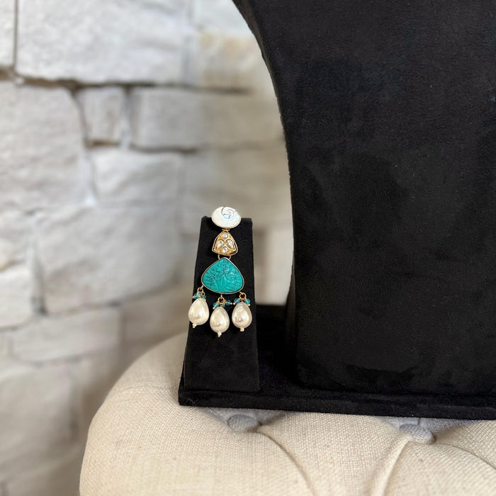 Victorian Style Hand Curved Kundan And Turquoise Gemstone Necklace Set