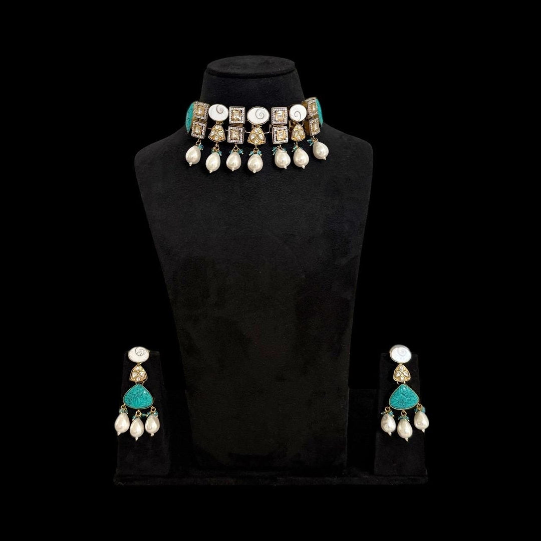 Victorian Style Hand Curved Kundan And Turquoise Gemstone Necklace Set