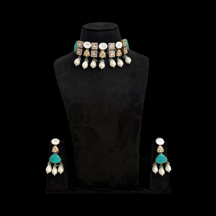 Victorian Style Hand Curved Kundan And Turquoise Gemstone Necklace Set