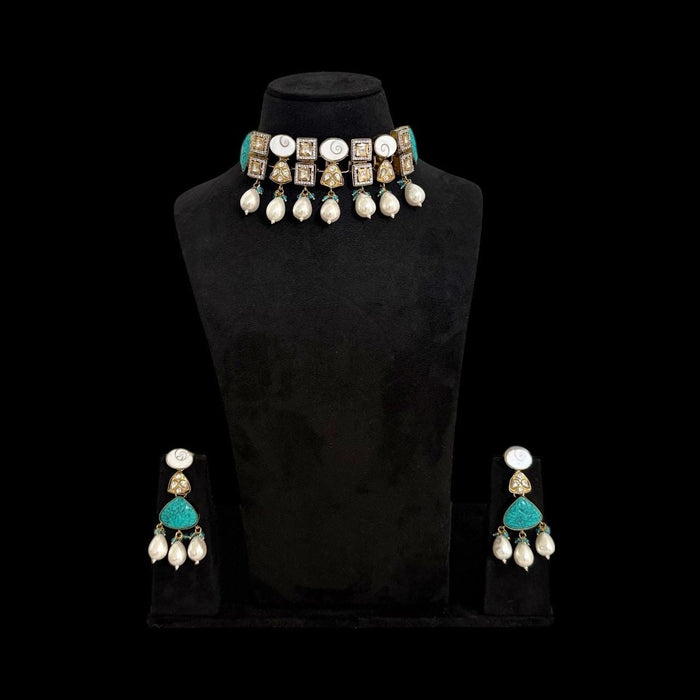 Victorian Style Hand Curved Kundan And Turquoise Gemstone Necklace Set