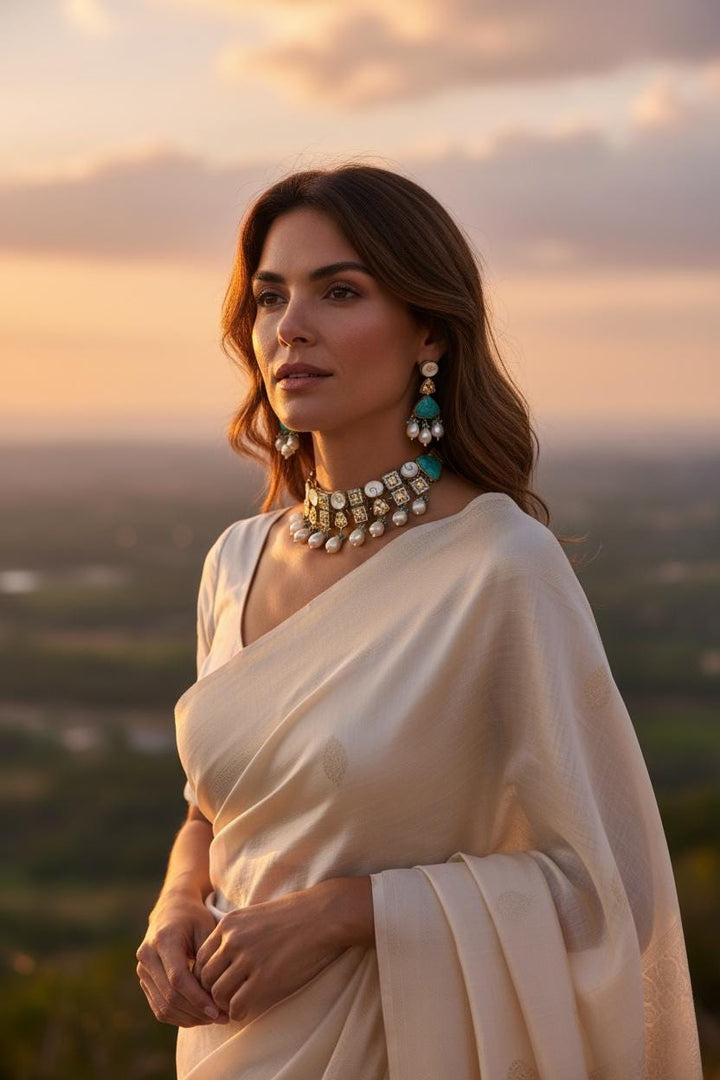 Victorian Style Hand Curved Kundan And Turquoise Gemstone Necklace Set