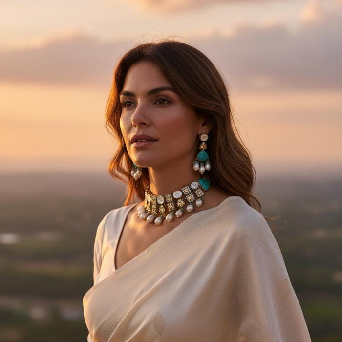 Victorian Style Hand Curved Kundan And Turquoise Gemstone Necklace Set