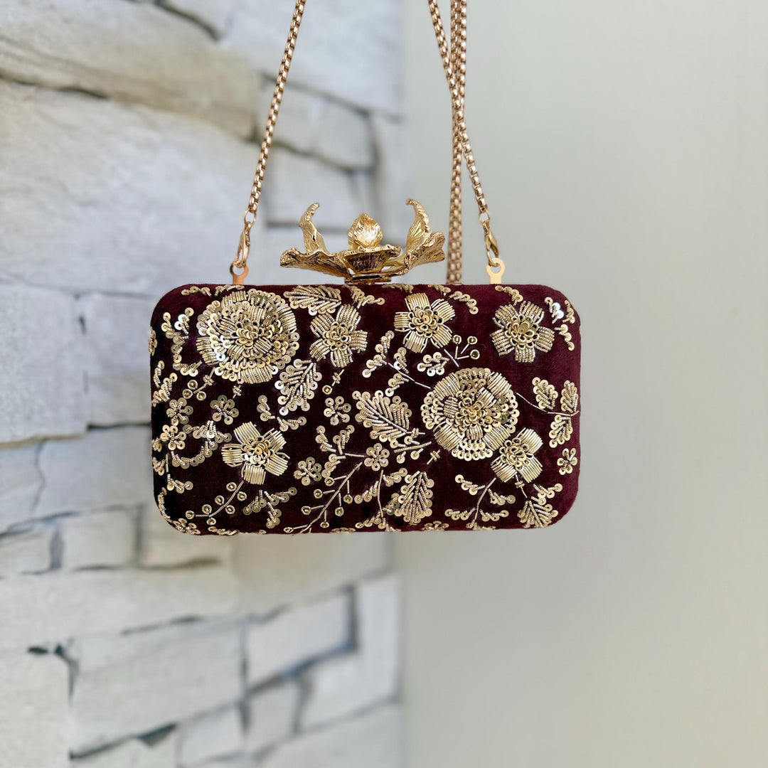 Maroon Velvet Clutch: Handmade Zardozi Embroidered Bridal Clutch