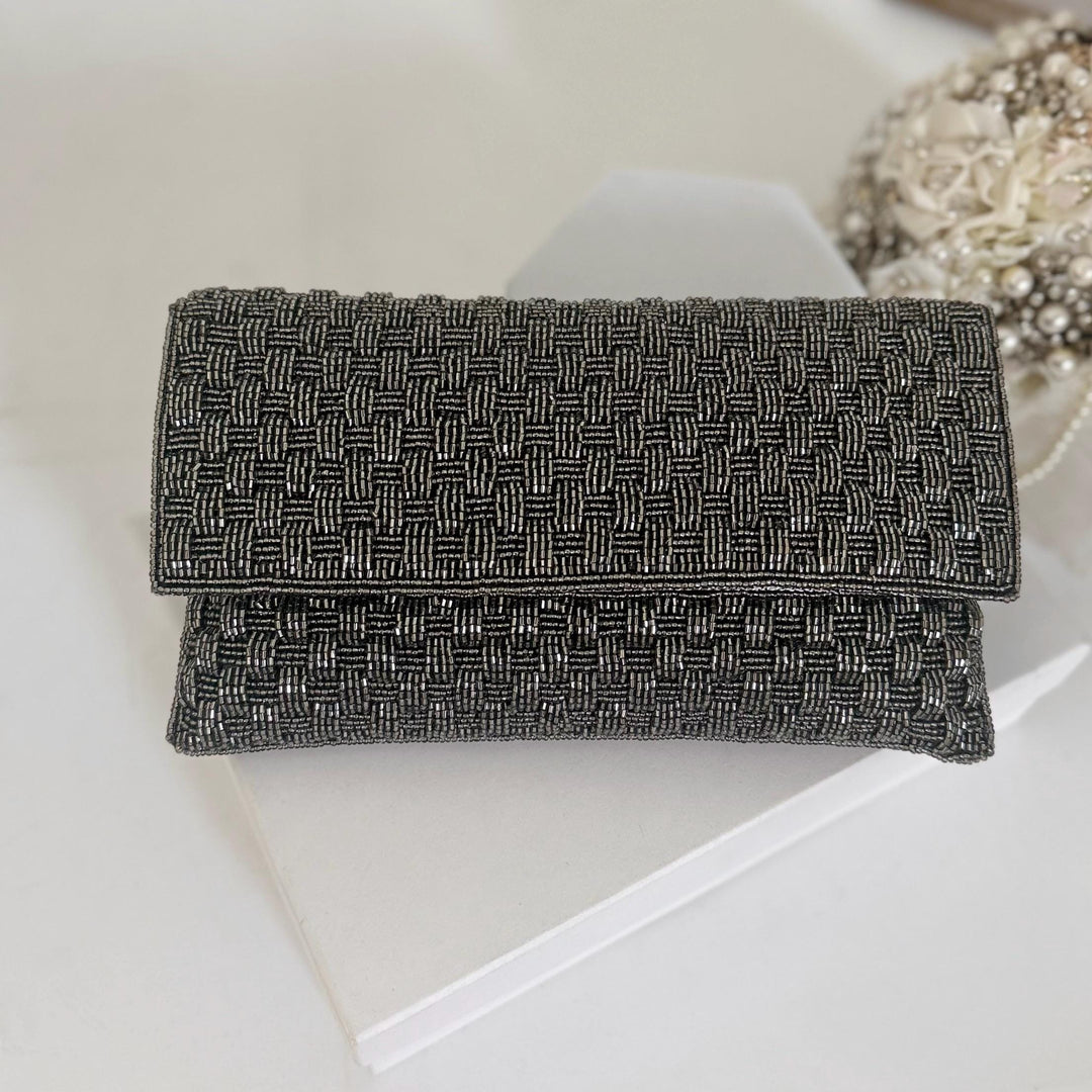 Handmade Antique Gray Beaded Clutch: Evening Bag