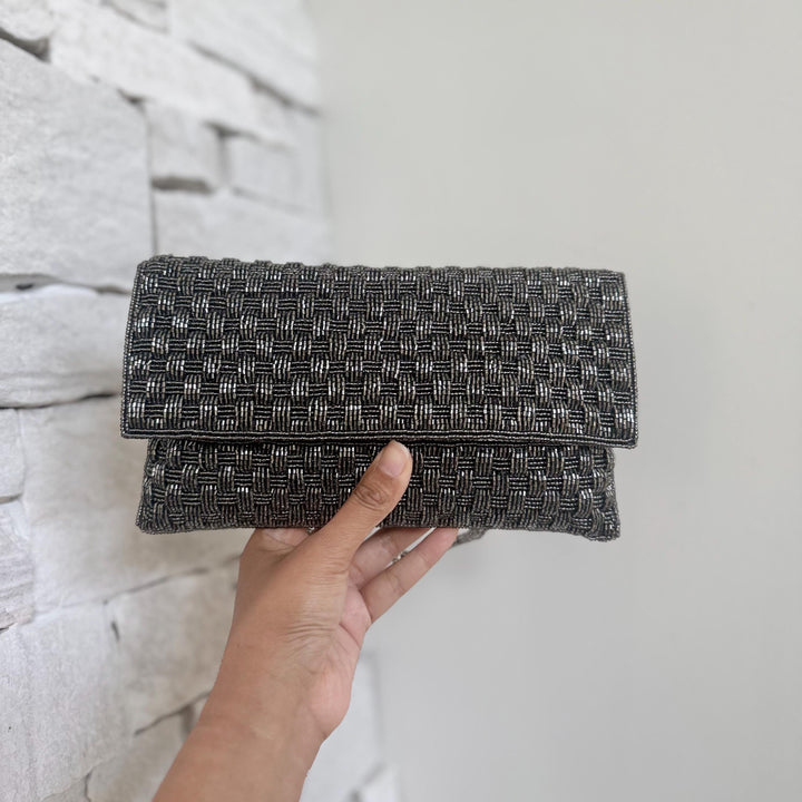 Handmade Antique Gray Beaded Clutch: Evening Bag