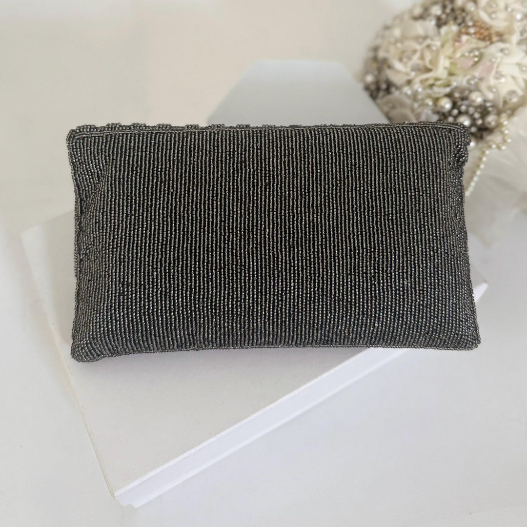 Handmade Antique Gray Beaded Clutch: Evening Bag