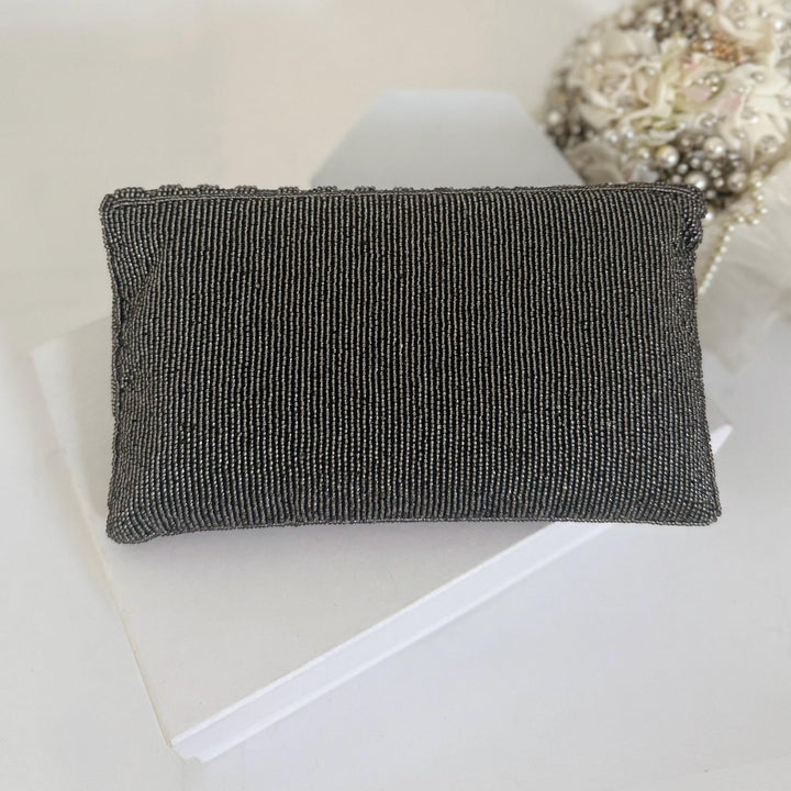 Handmade Antique Gray Beaded Clutch: Evening Bag