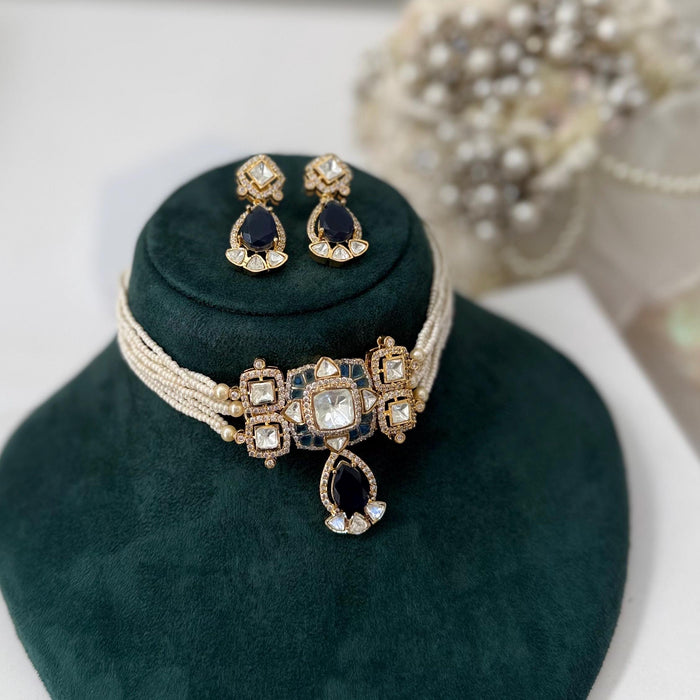 Victorian Kundan Choker Set: Navy Blue Indian Jewelry