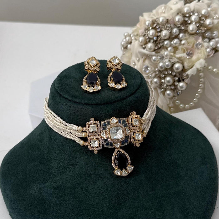 Victorian Kundan Choker Set: Navy Blue Indian Jewelry