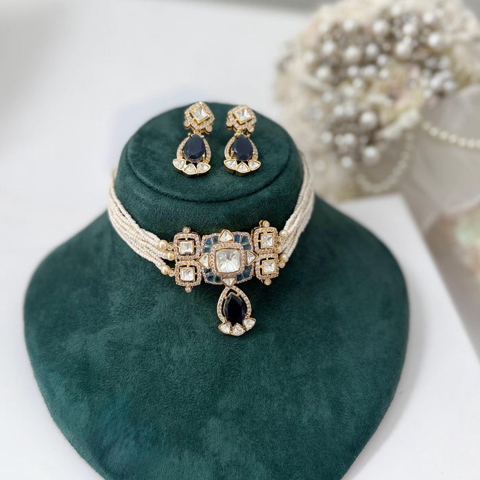 Victorian Kundan Choker Set: Navy Blue Indian Jewelry