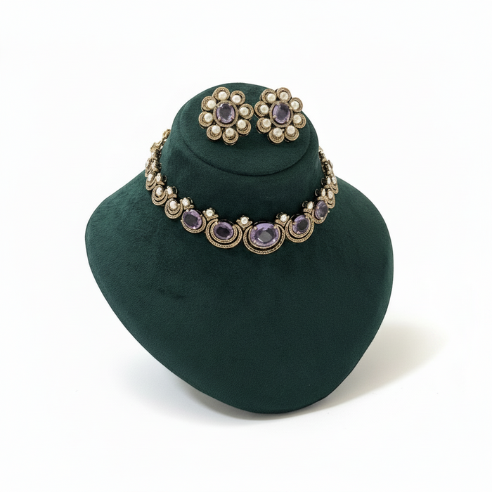 Lavendel Kundan Choker Set: Halskette und Ohrring Set