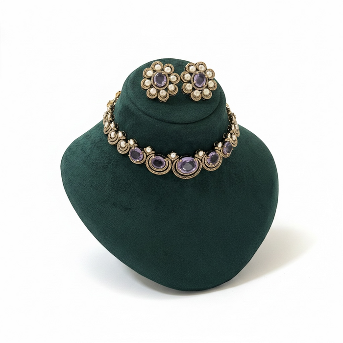 Lavendel Kundan Choker Set: Halskette und Ohrring Set